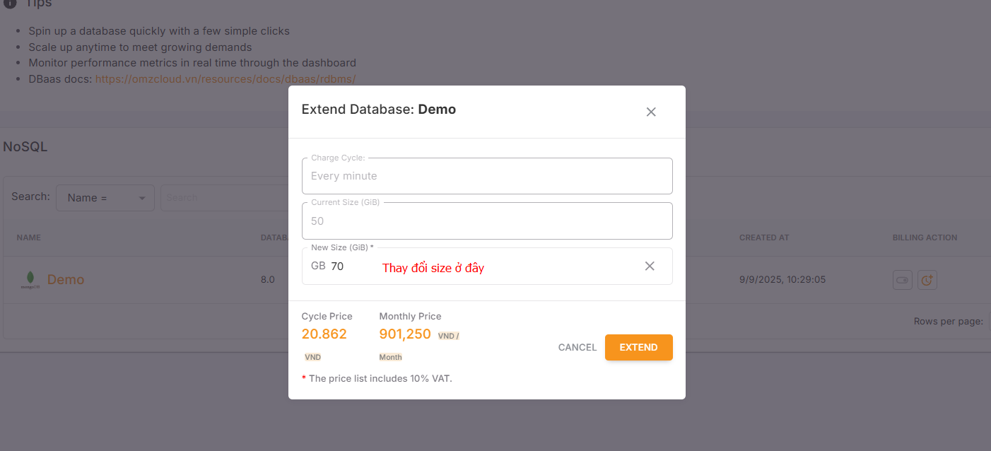 Extend database storage