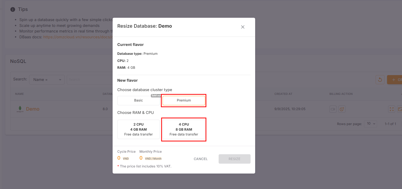 Resize database ram/vcpus