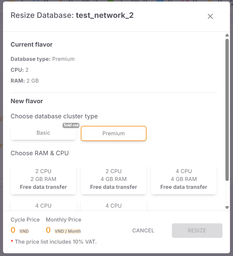 Resize database ram/vcpus